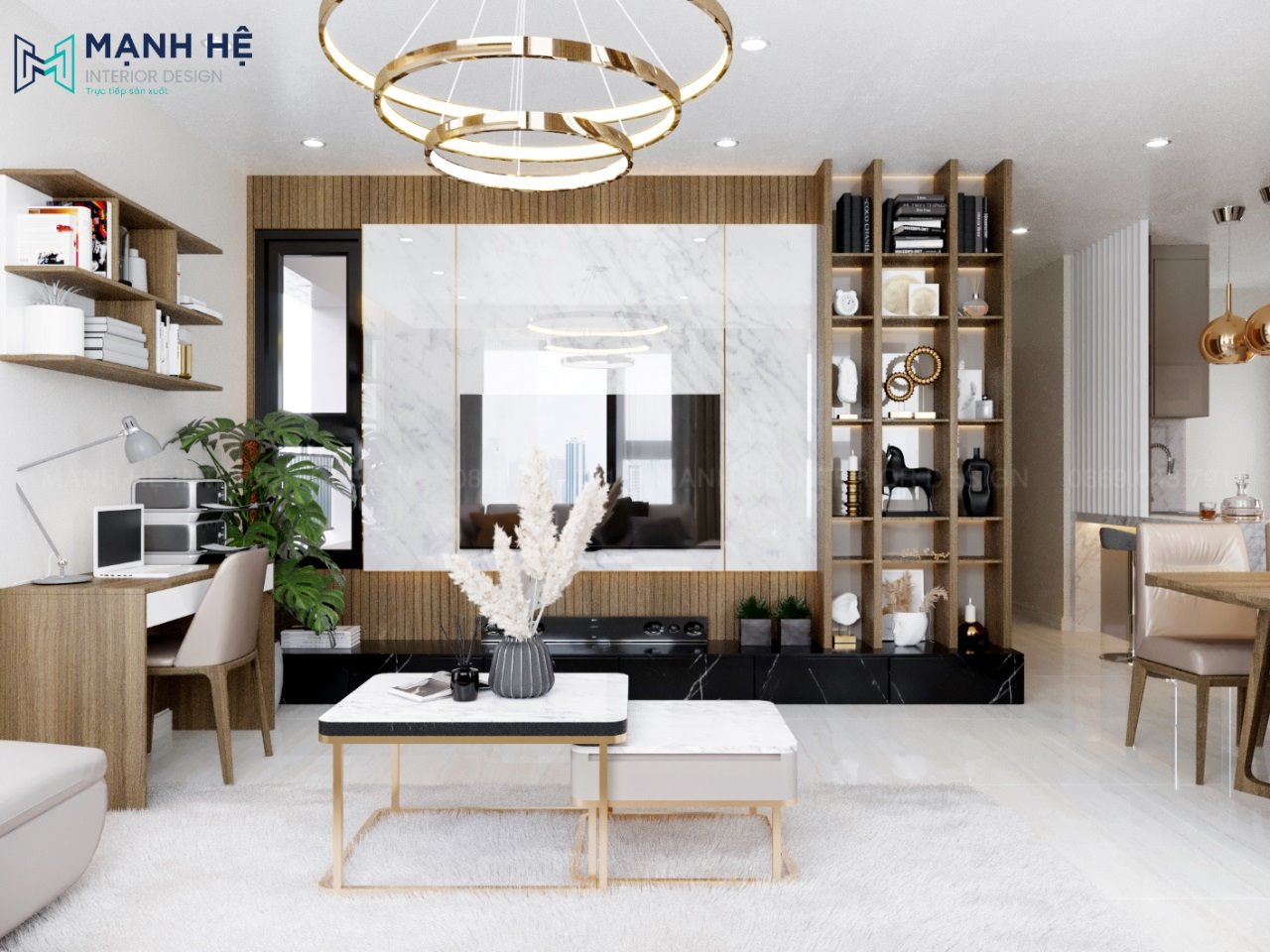 Vách đá ốp sau kệ tivi phòng khách sang trọng
