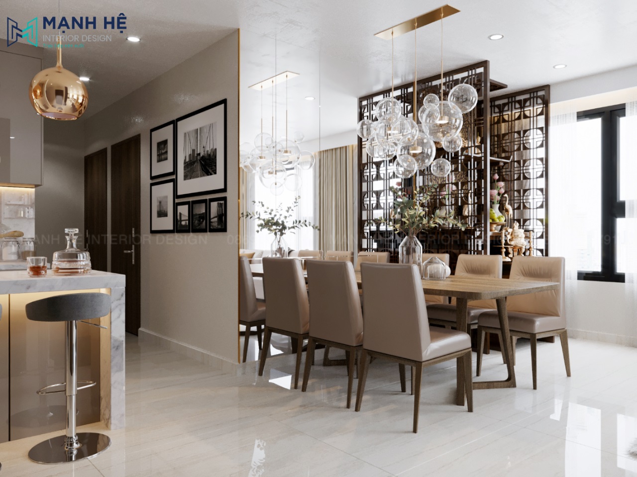 Ốp vách kính cạnh bàn ăn tạo chiều sâu không gian