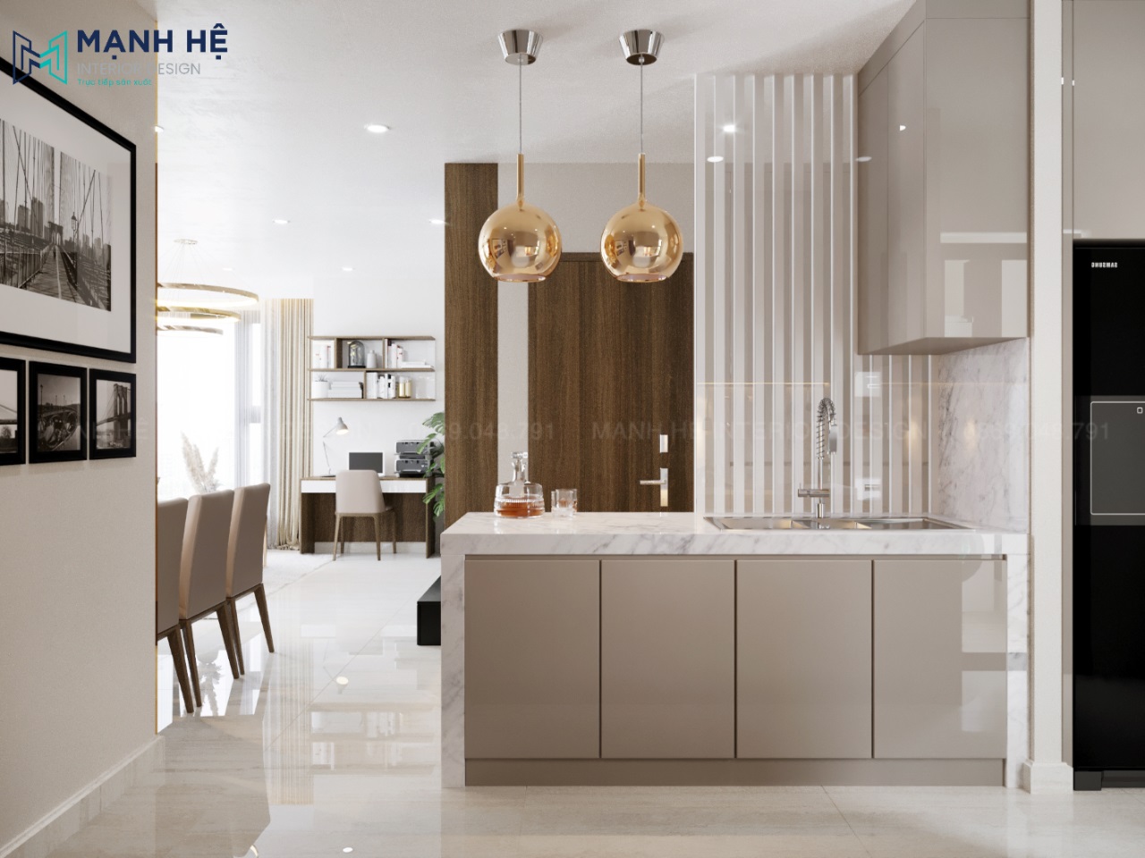Mặt đảo bếp ốp đá Marble vân mây
