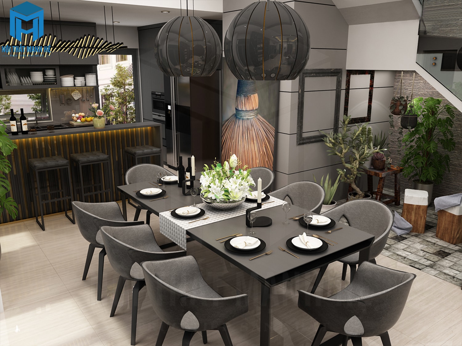 Mẫu thiết kế phòng ăn bàn 8 ghế ngồi hiện đại