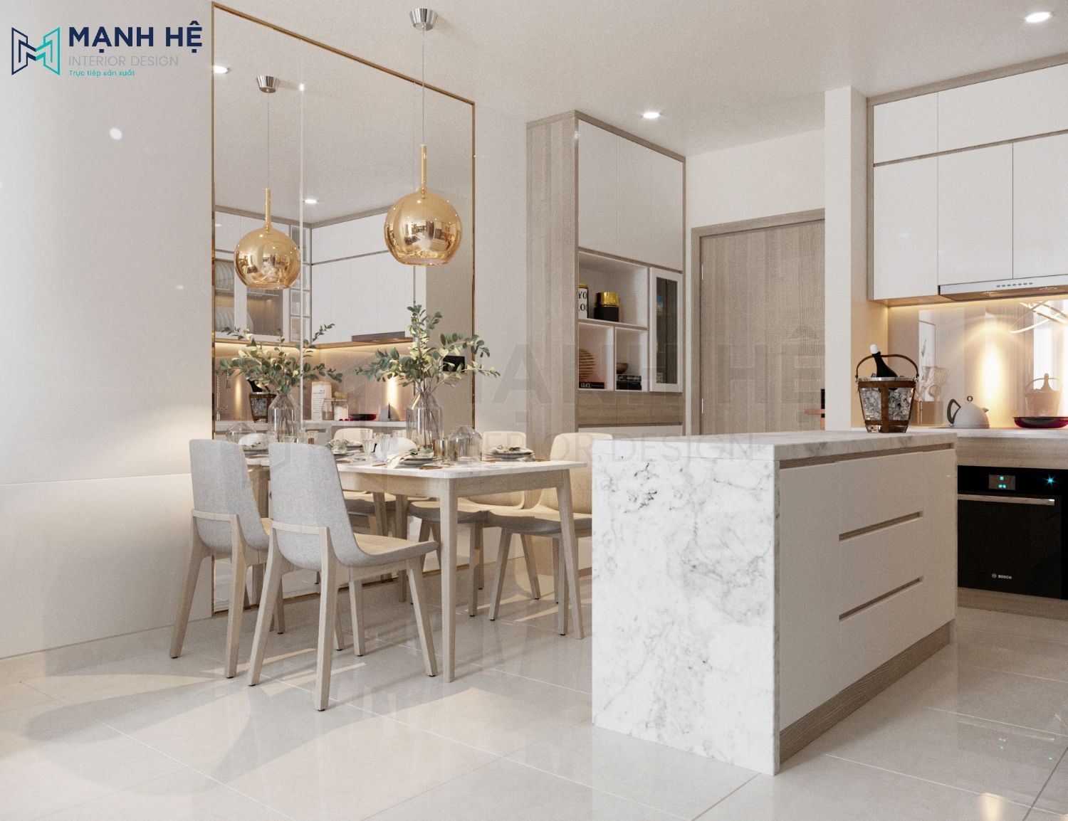 Kính lớn cạnh bộ bàn ăn 4 ghế